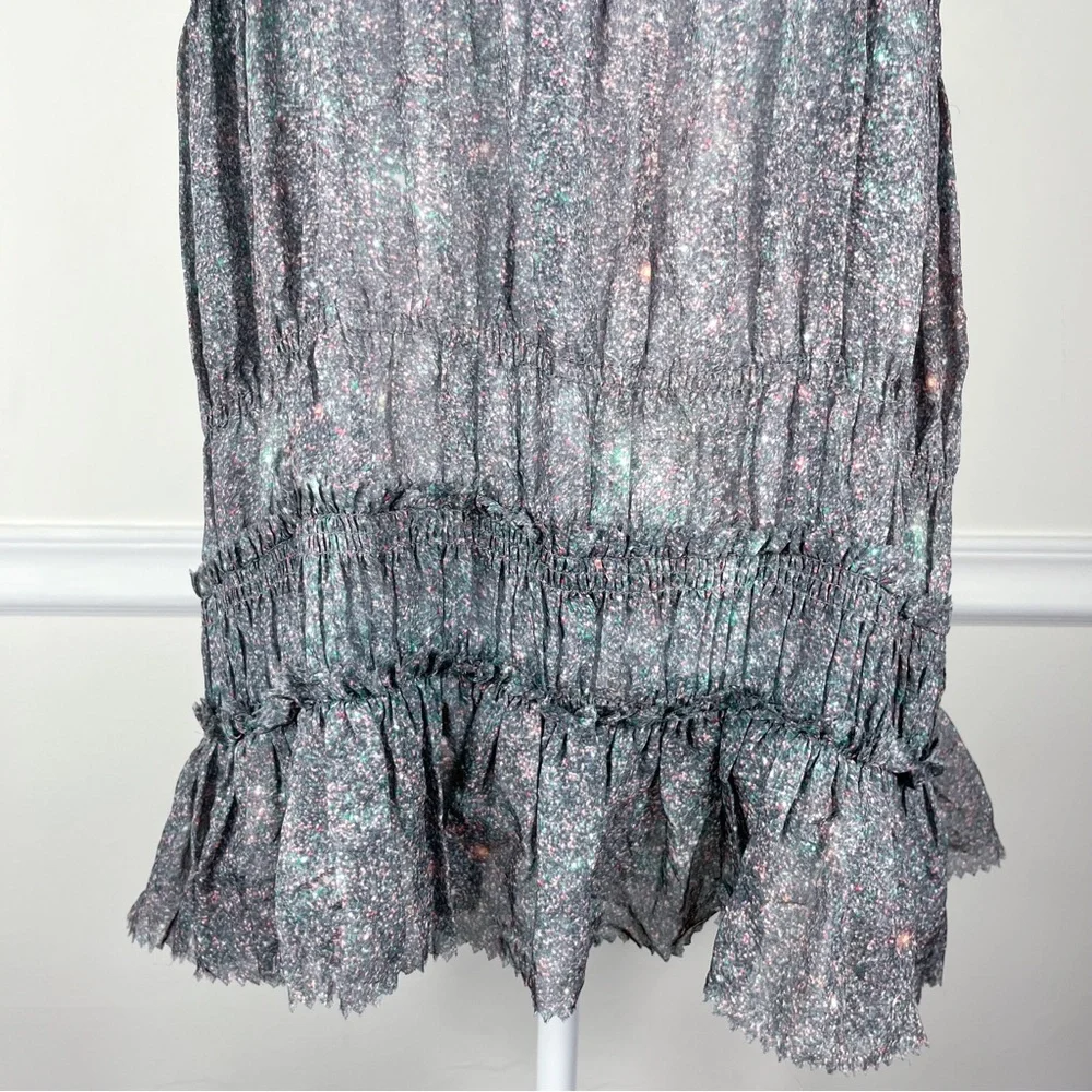 Theory Gray Briona Burning Glitter Two Piece Set Silk Top Mini Skirt Size Medium